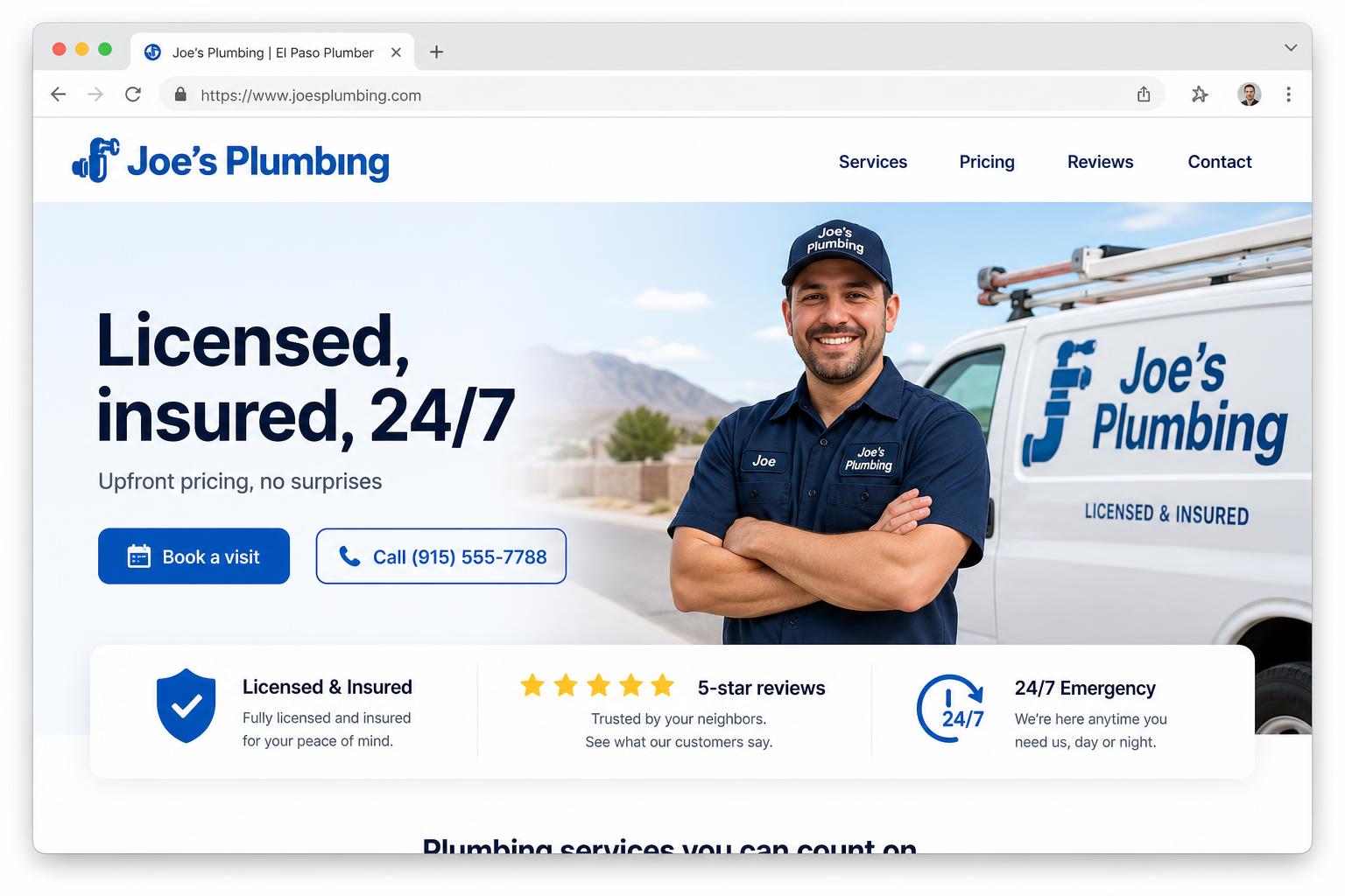Finished website for Joe's Plumbing built by FinishMyWebsite